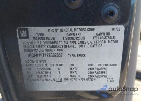 2002 Chevrolet Silverado 1500 Lt from USA, damaged, VIN 1GCEK19T12Z302057